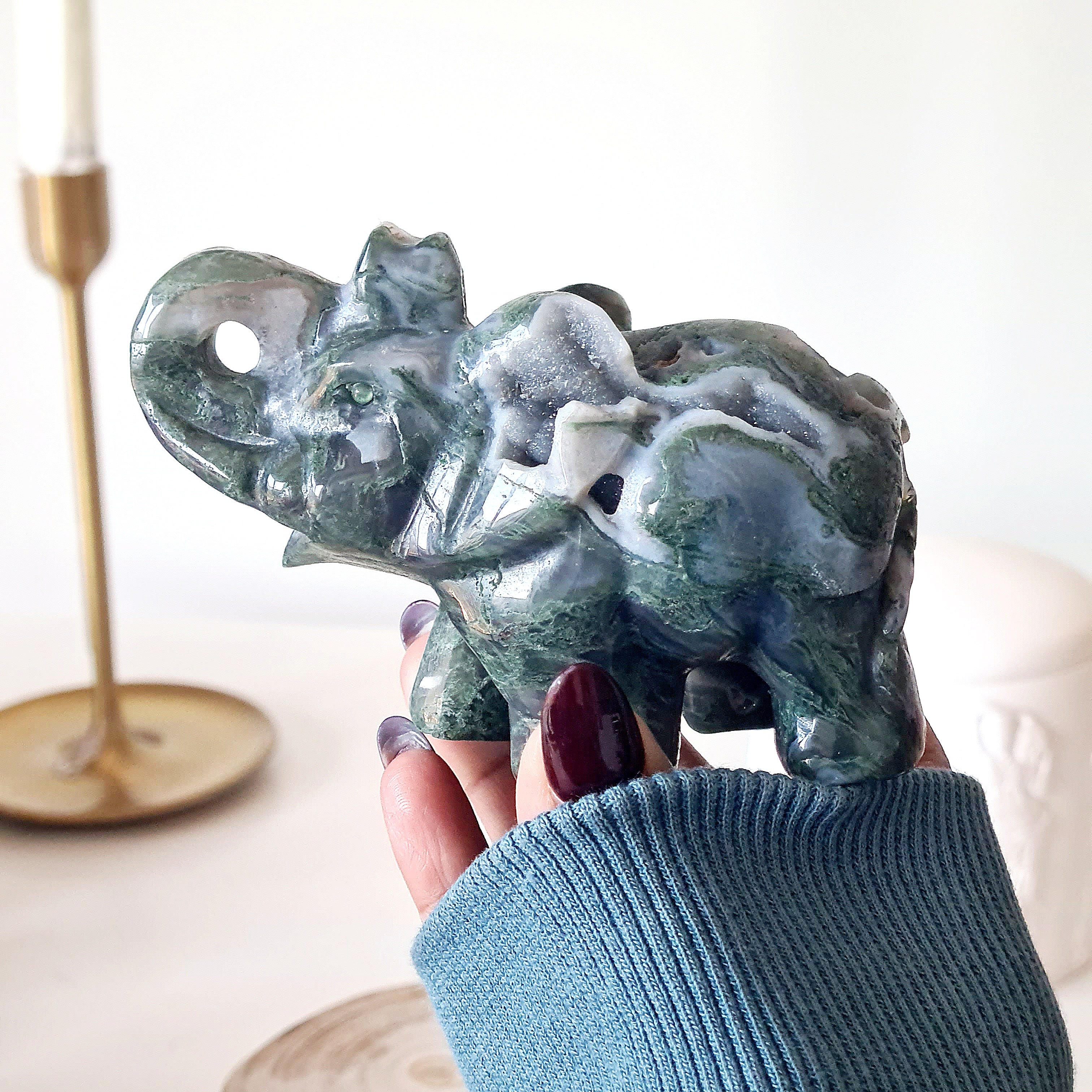Moss Agate Elephant 🐘 | B | Appx 9.5 cm