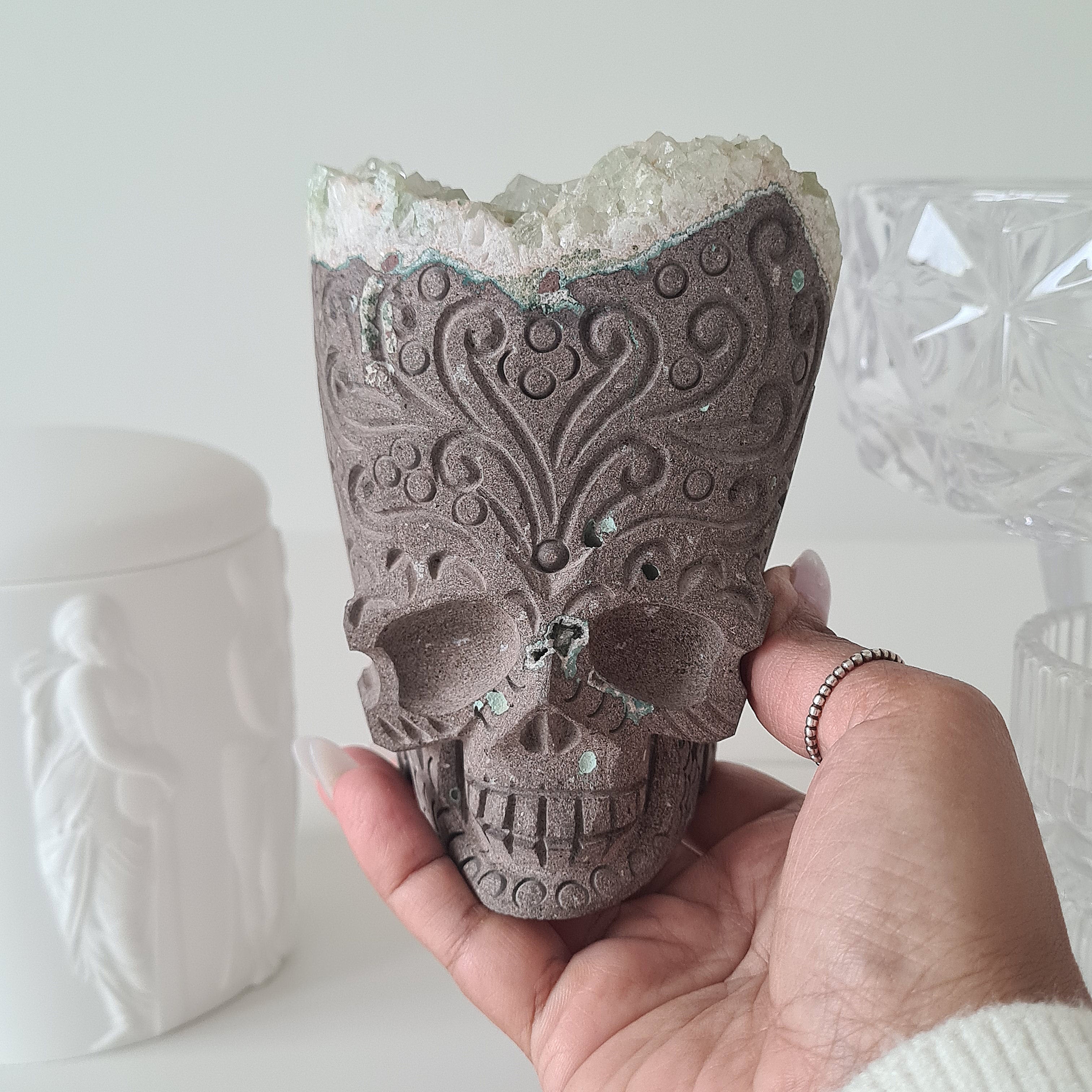 Skull Carving with Apophyllite & Stilbite inclusion