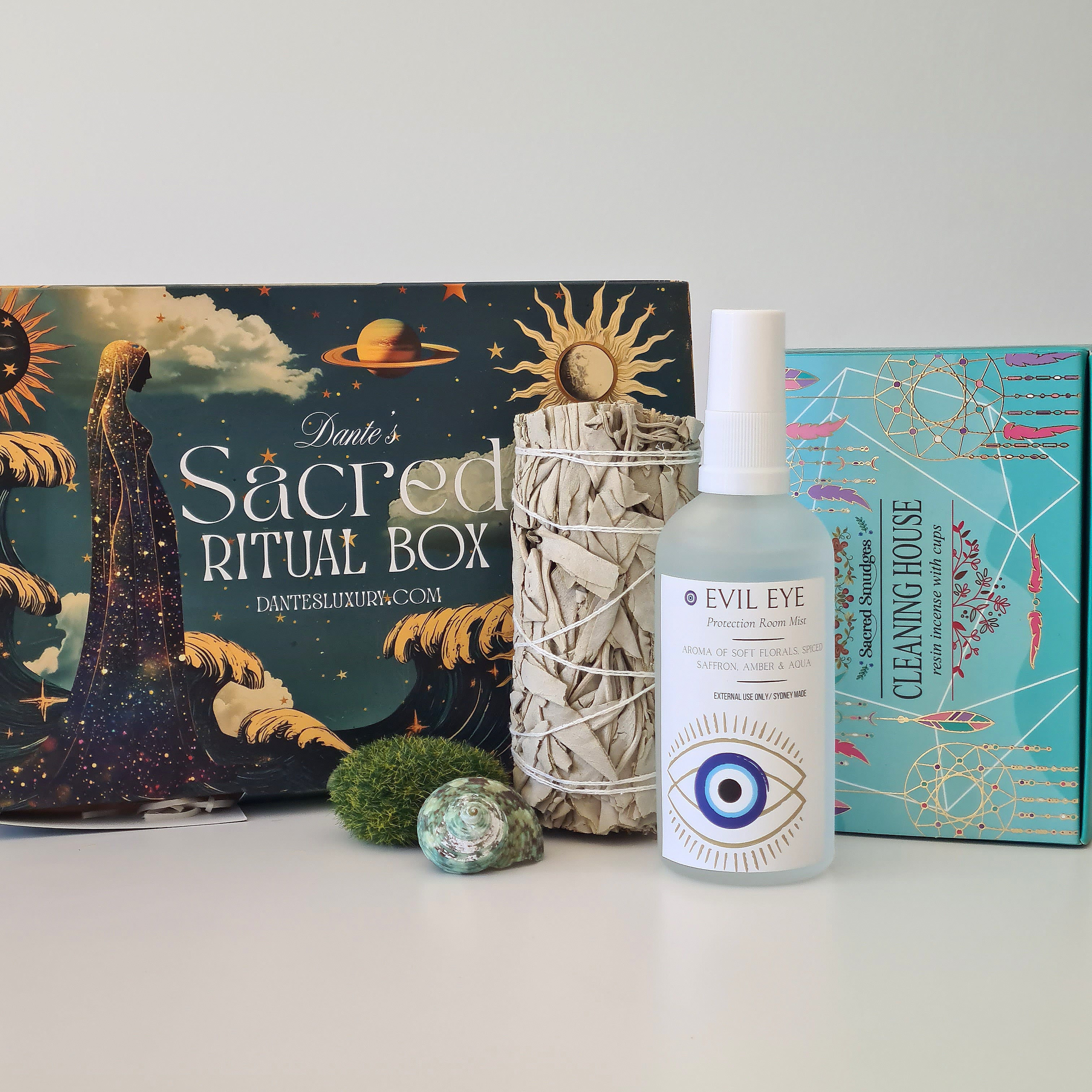 Evil Eye Protection Ritual Kit | Evil Eye Mist, Cleansing House Smudge Cups & Sage Smudge Stick
