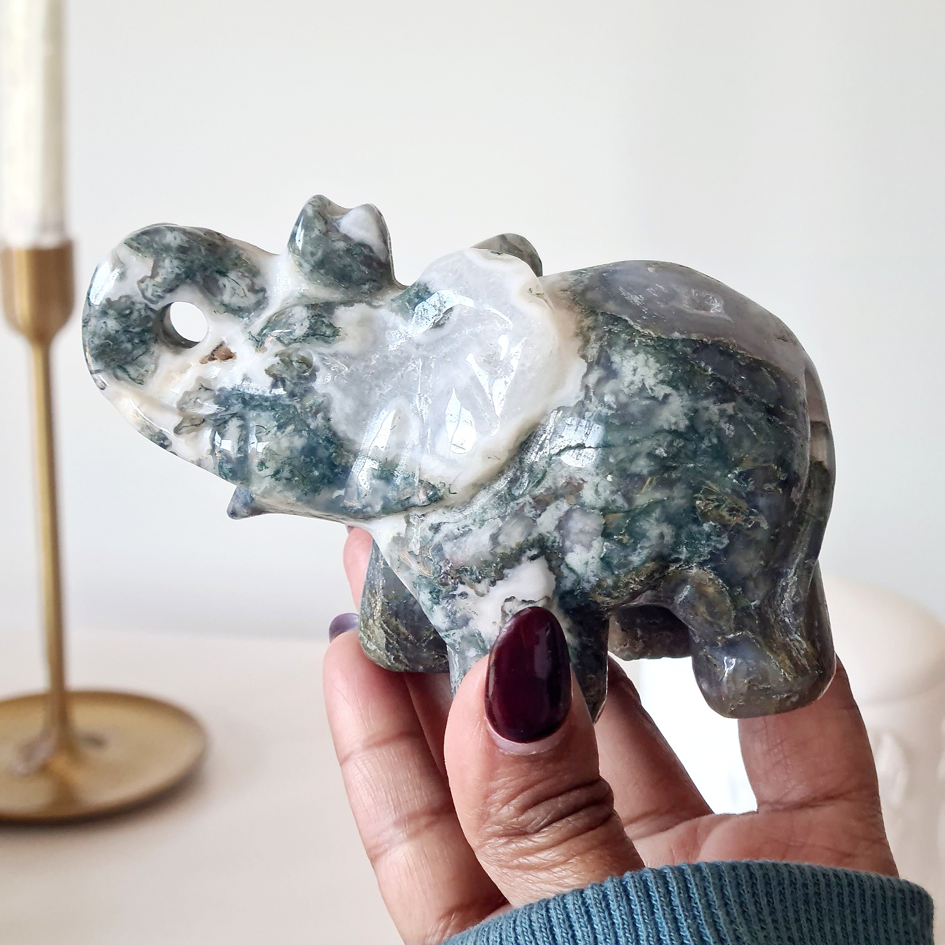Moss Agate Elephant 🐘 | A | Appx 9.6 cm