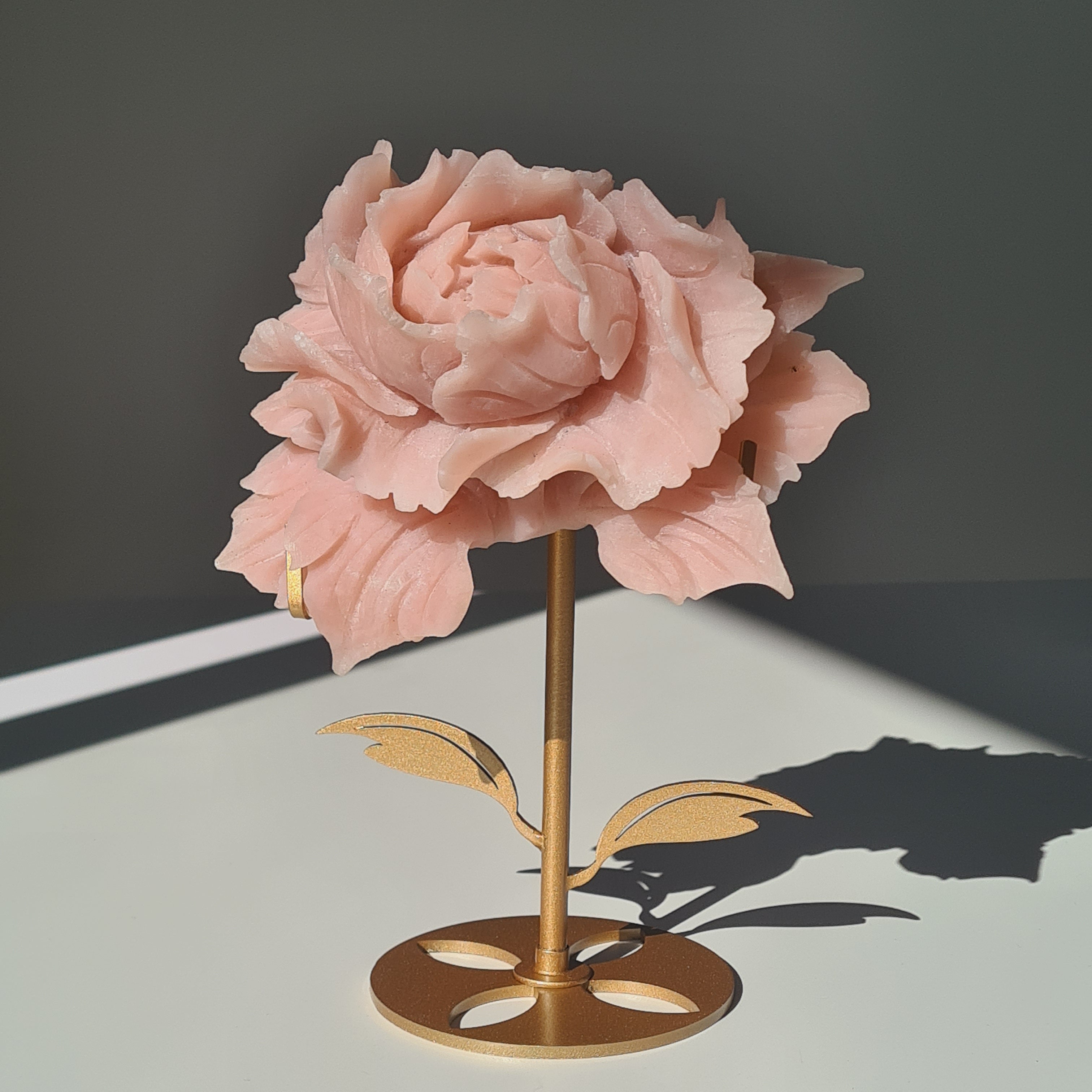 Pink Opal Crystal Flower Carving frosted finish on stand