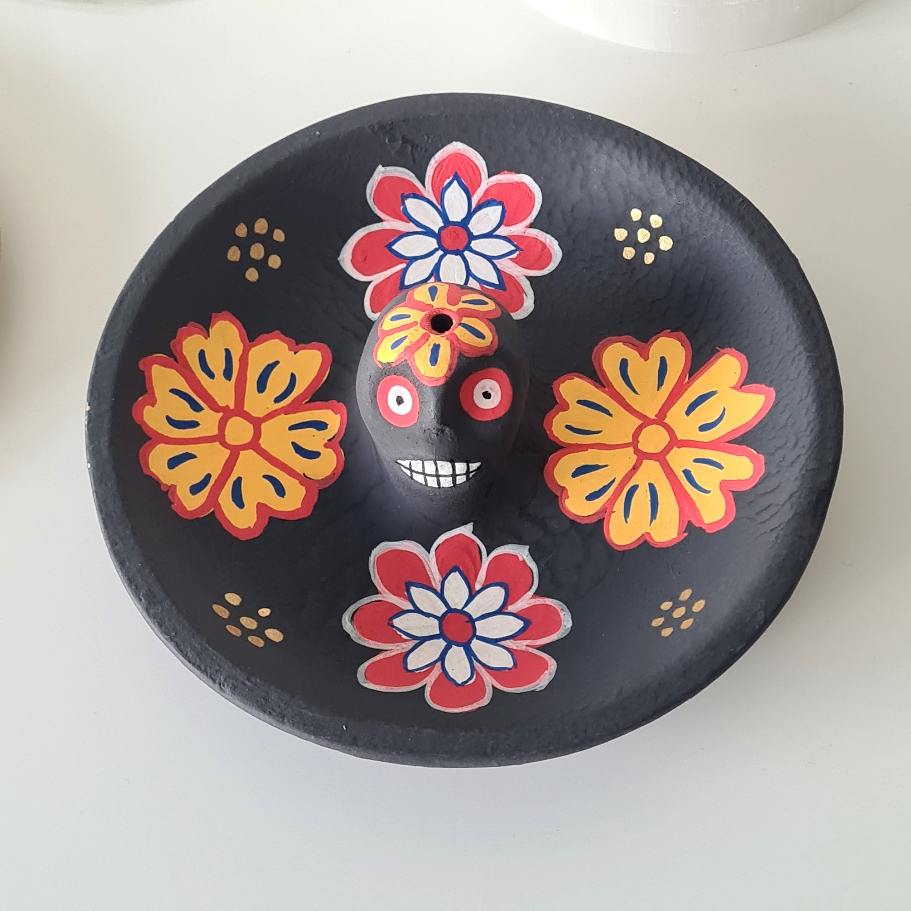 Terracotta Skull Incense Burner – Hand Painted Floral Design (3cm x 13cm)