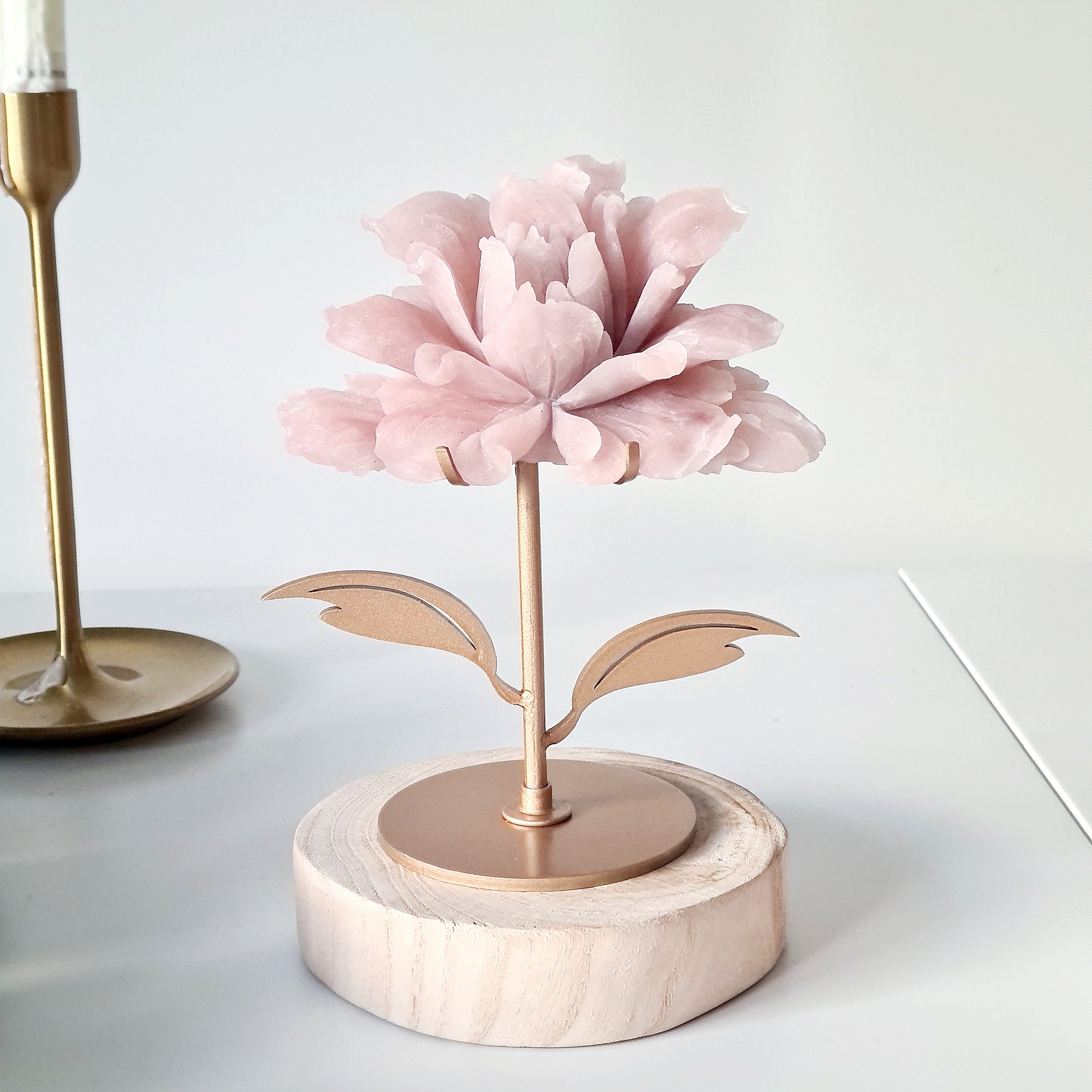 Pink Opal Crystal Flower Carving frosted finish on stand | 360 g | 12.5 cm length