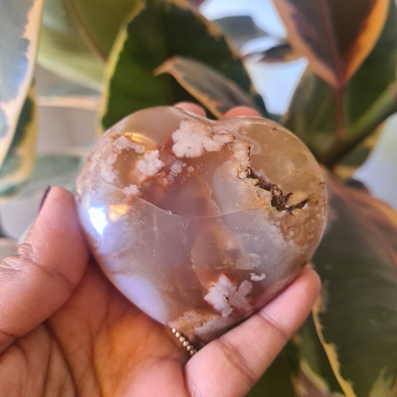 Flower Agate heart with stand ~ 12