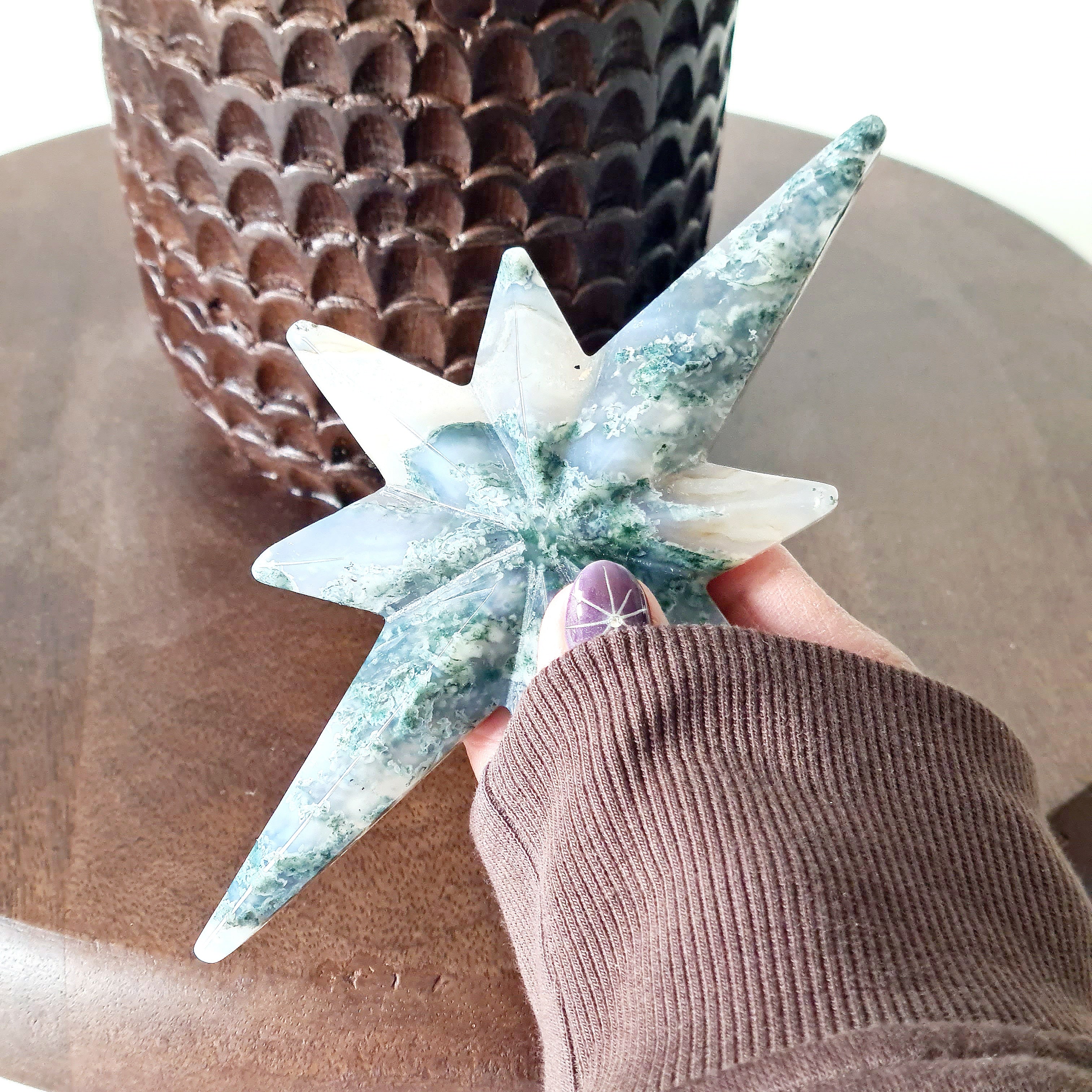 Moss Agate Star on stand | 14 cm star
