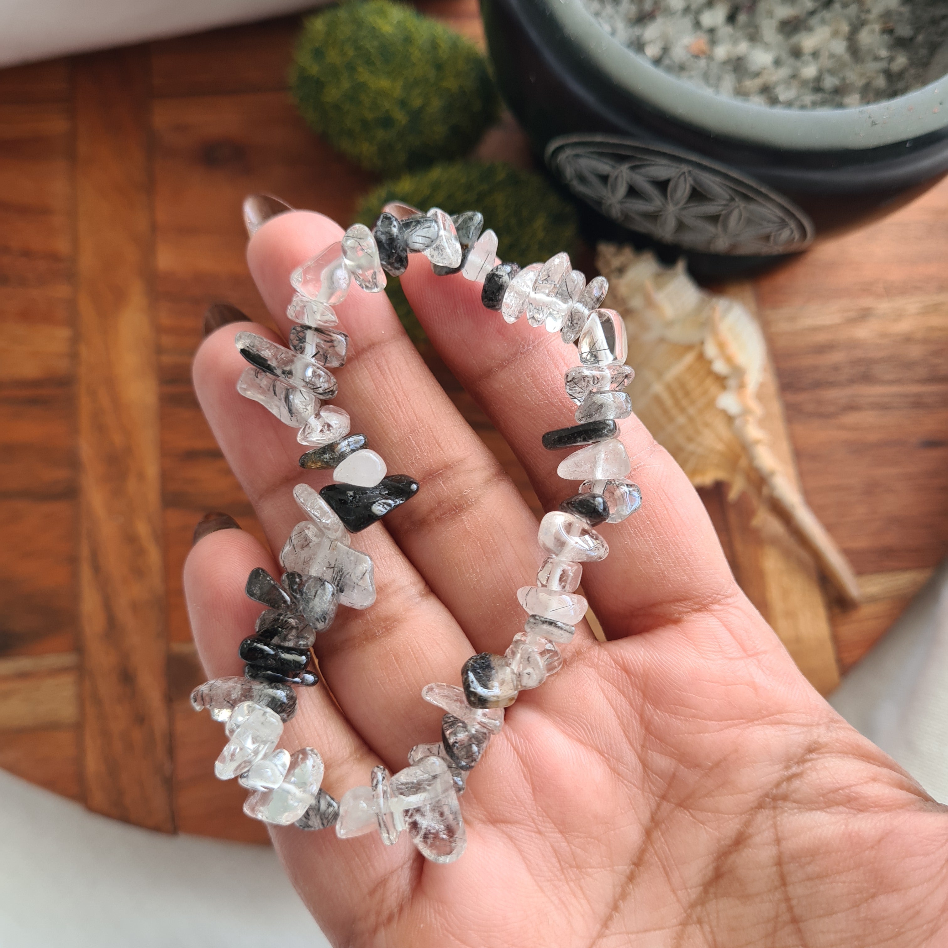 Tourmalinated Quartz Crystal Chips Bracelet | 1 Piece