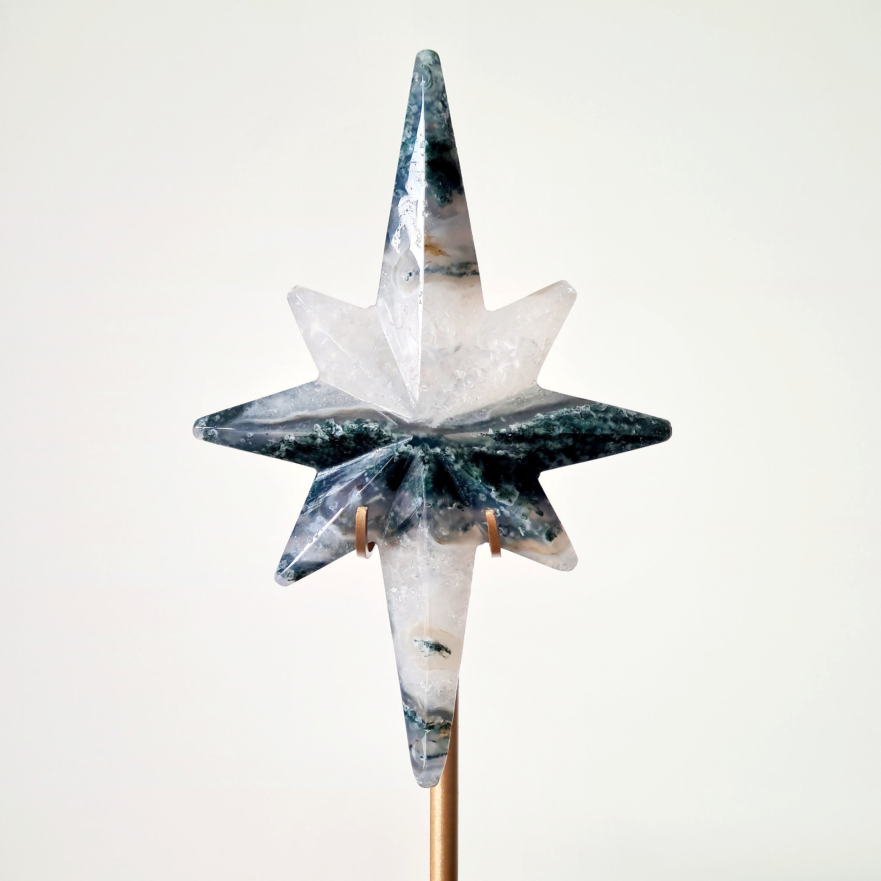 Moss Agate Star on stand | 13.5 cm star
