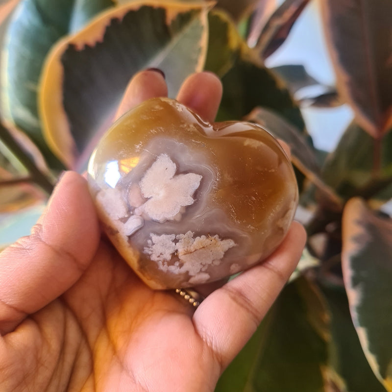 Flower Agate heart with stand ~ 17