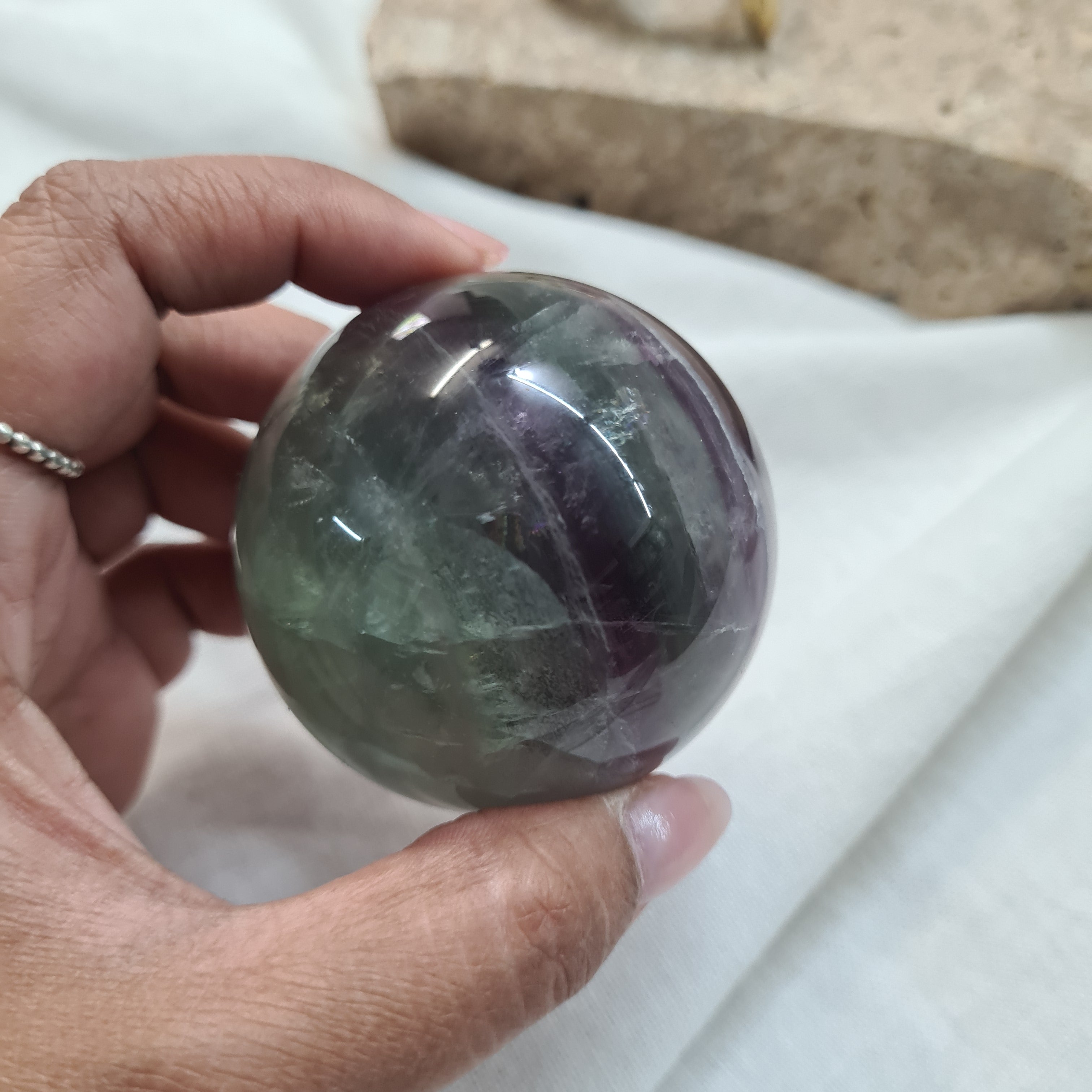 Green & Purple Fluorite Sphere with brass stand | 264 g