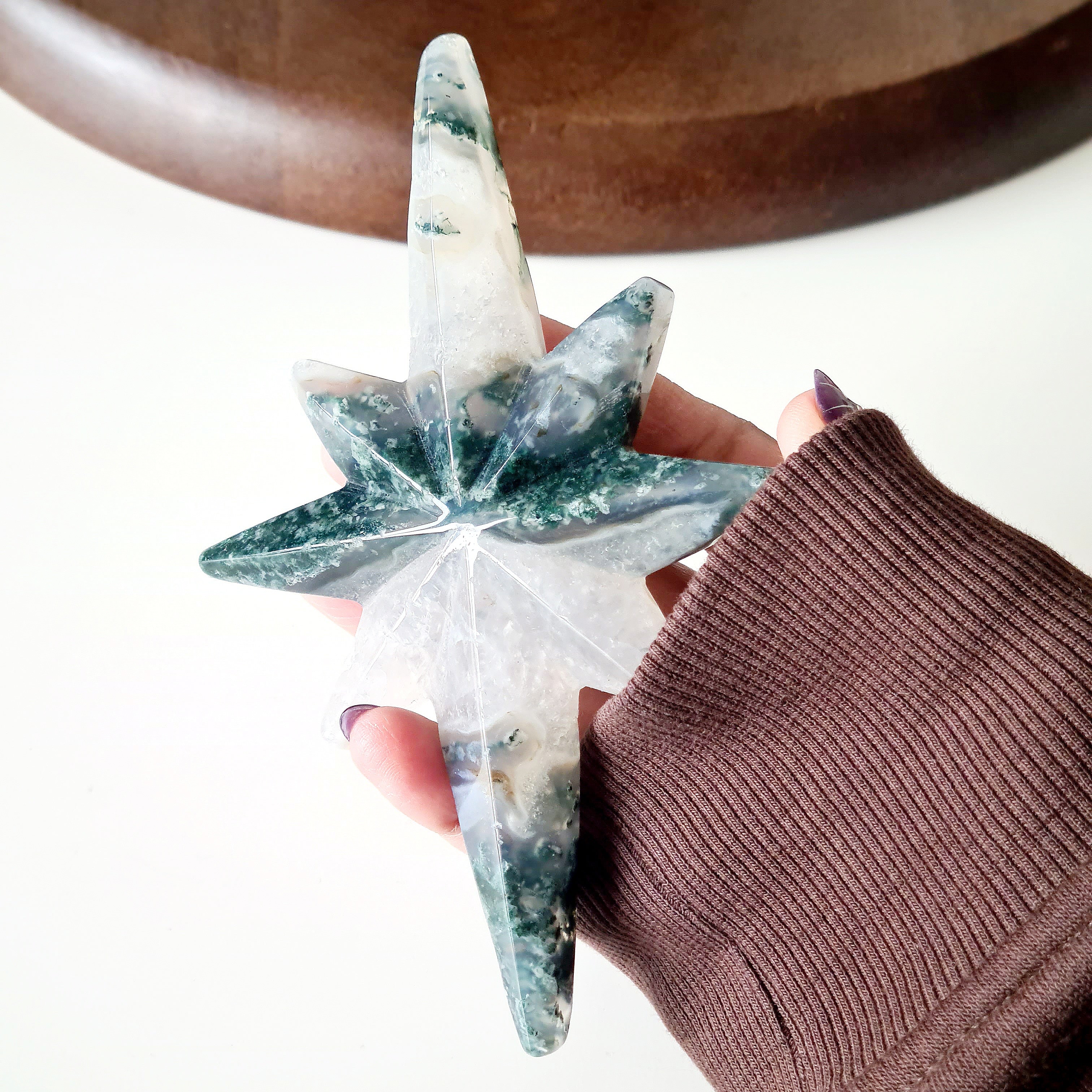 Moss Agate Star on stand | 13.5 cm star