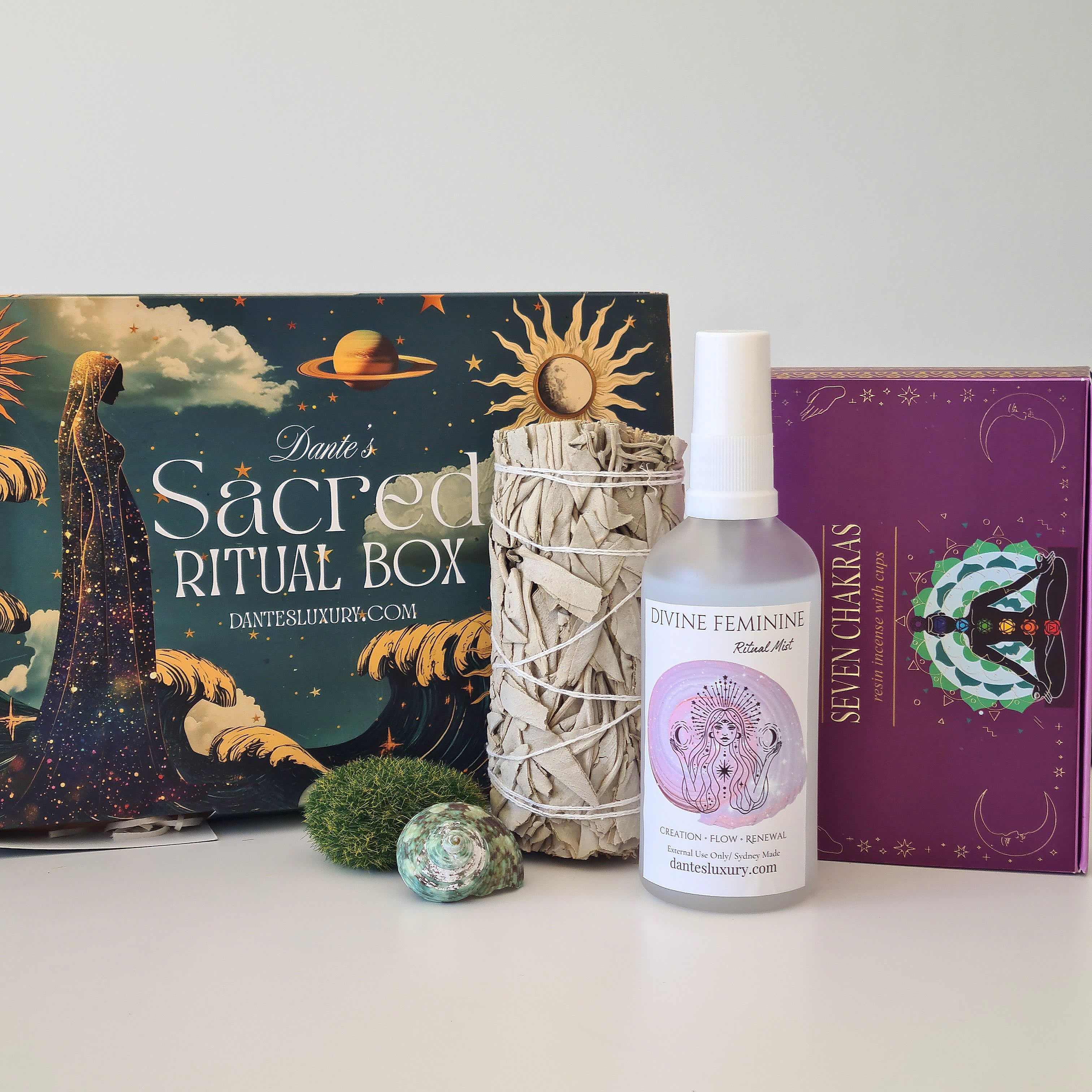 Divine Feminine Ritual Kit | Divine Feminine Mist, 7 Chakra Smudge Cups & Sage Smudge Stick