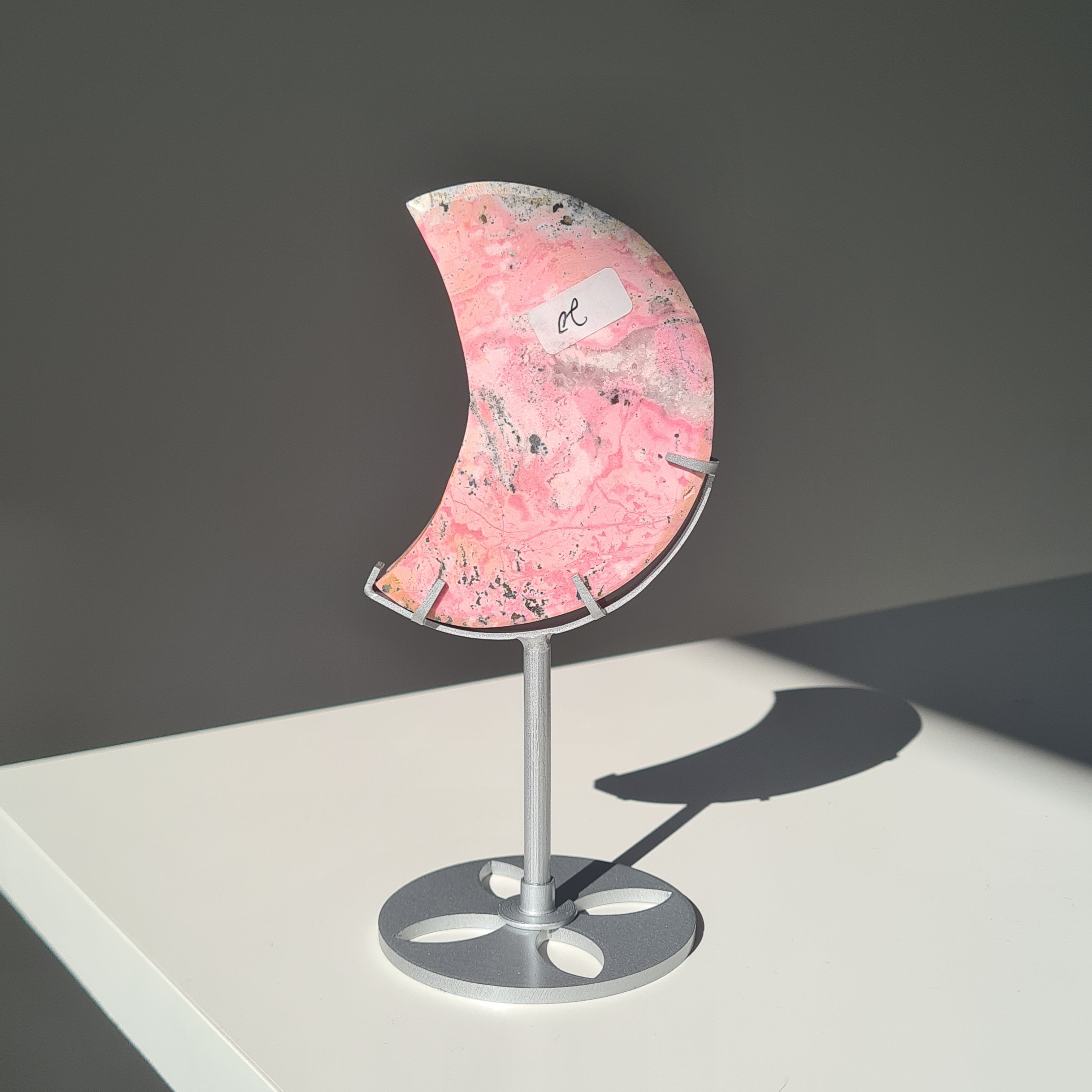 Peruvian Rhodonite Moon Carving On Stand | B | 9 cm Moon
