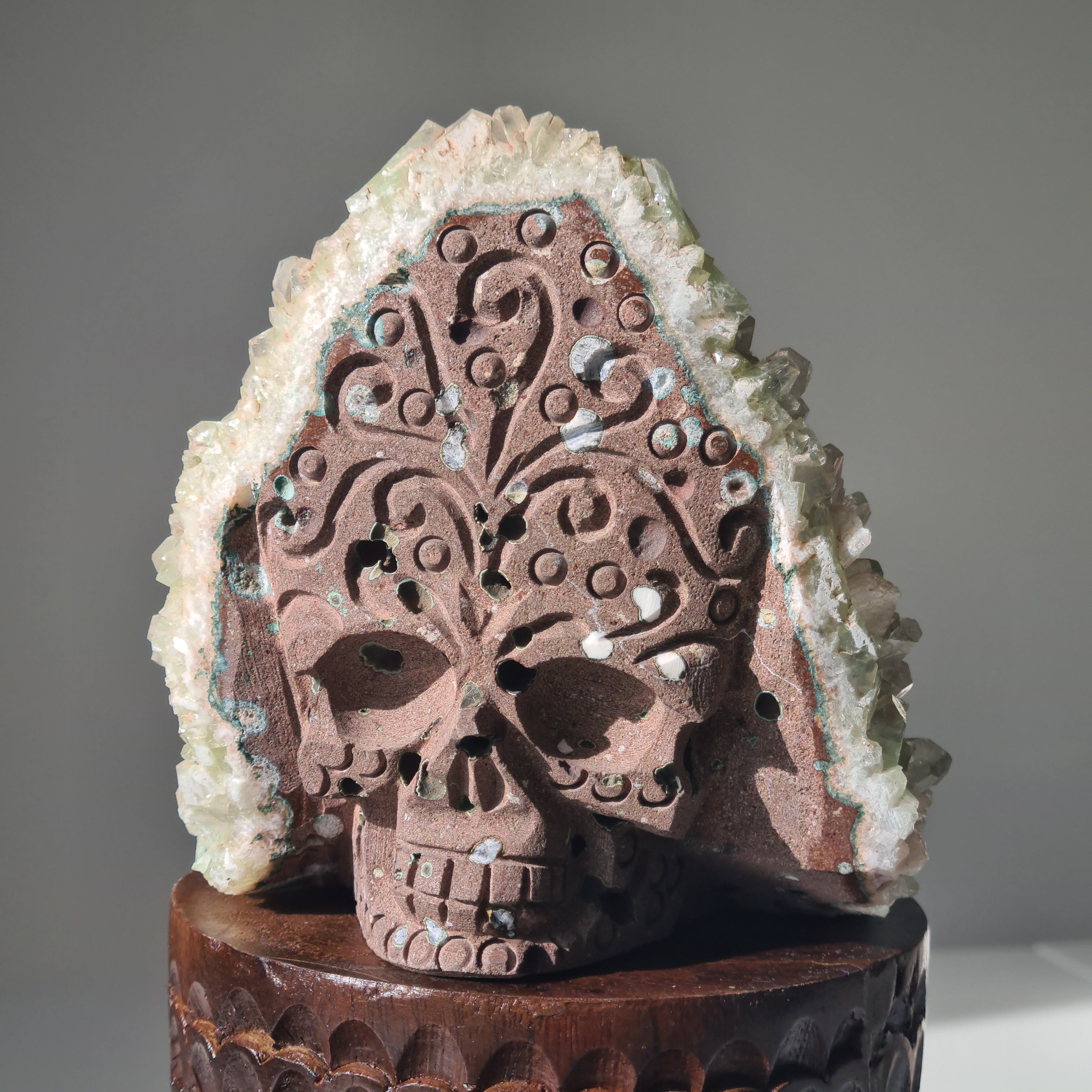 Captain Grimwell | Green Apophyllite Specimen Crusted Skull 💀