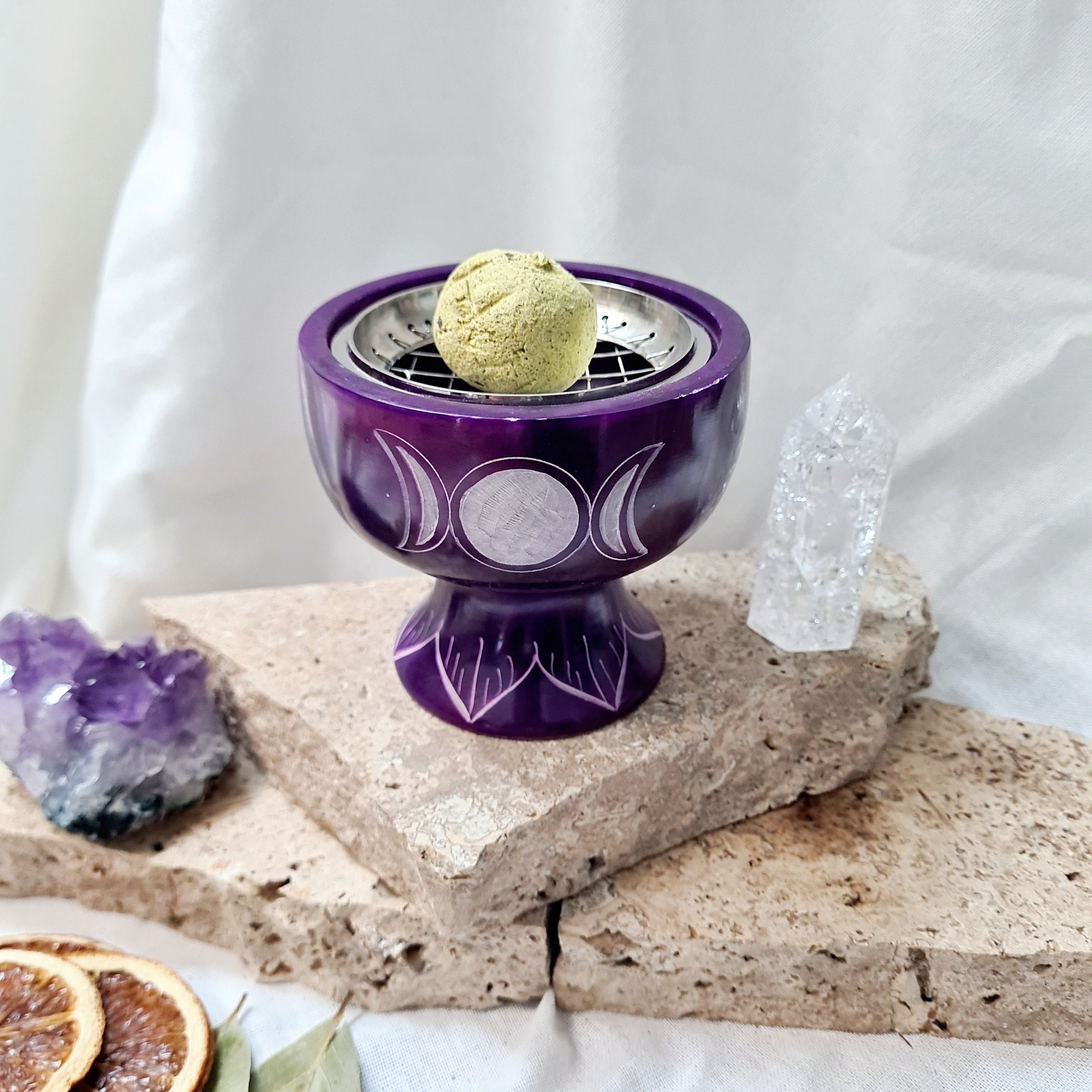 Soapstone Incense Burner | Triple Moon (Purple)