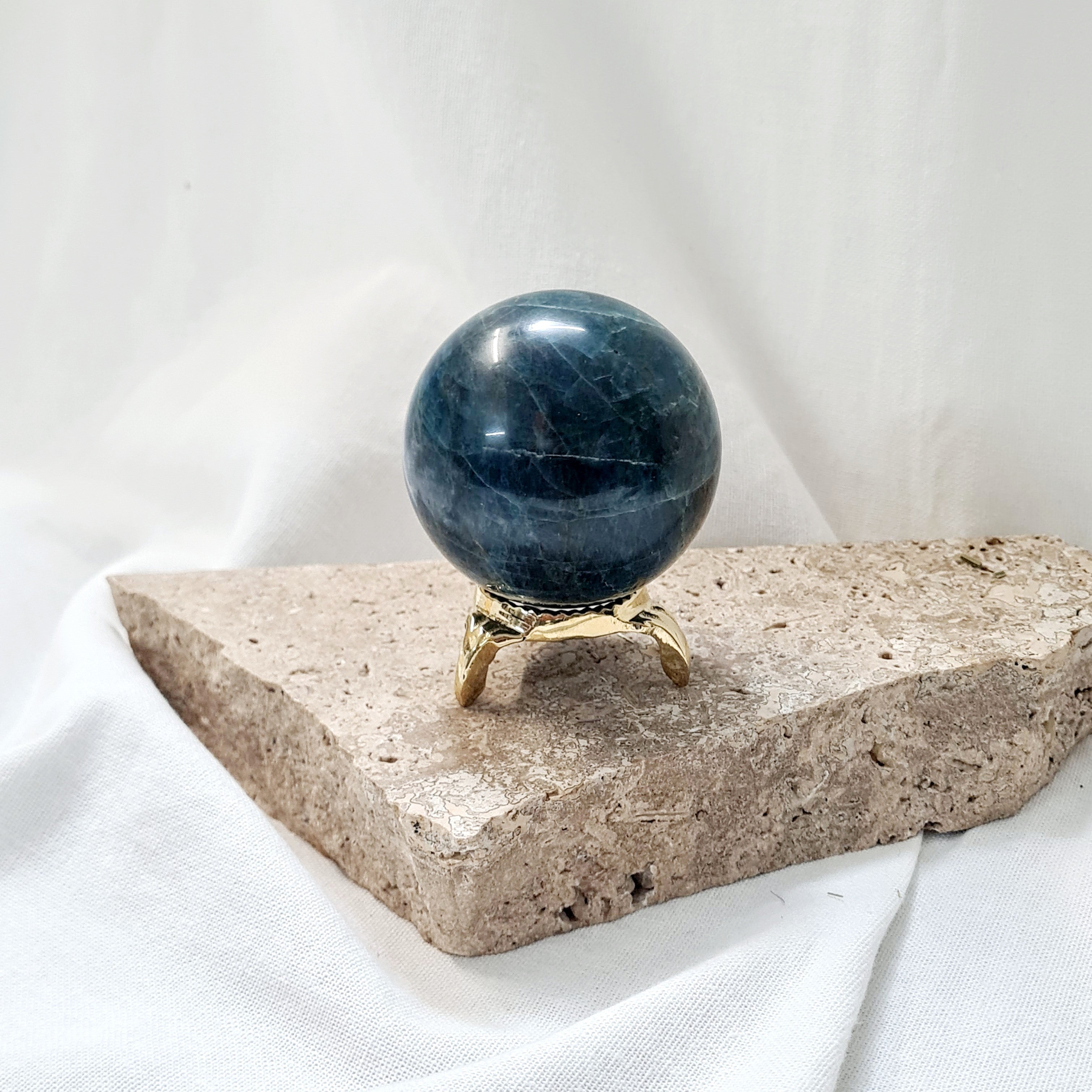 Blue Apatite sphere with brass stand | 344 g