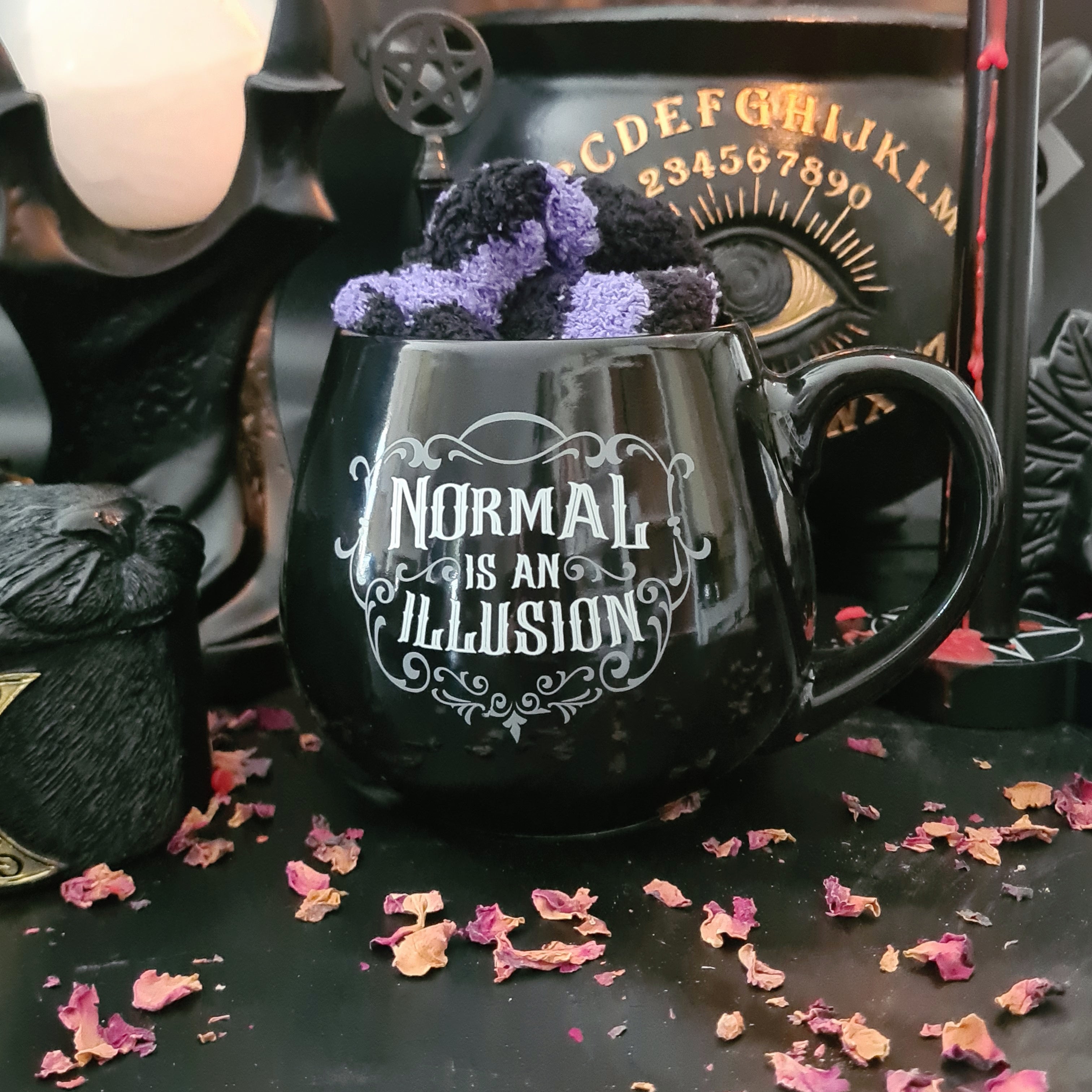 Normal Is An Illusion | Gothic Ceramic Mug And Socks Set