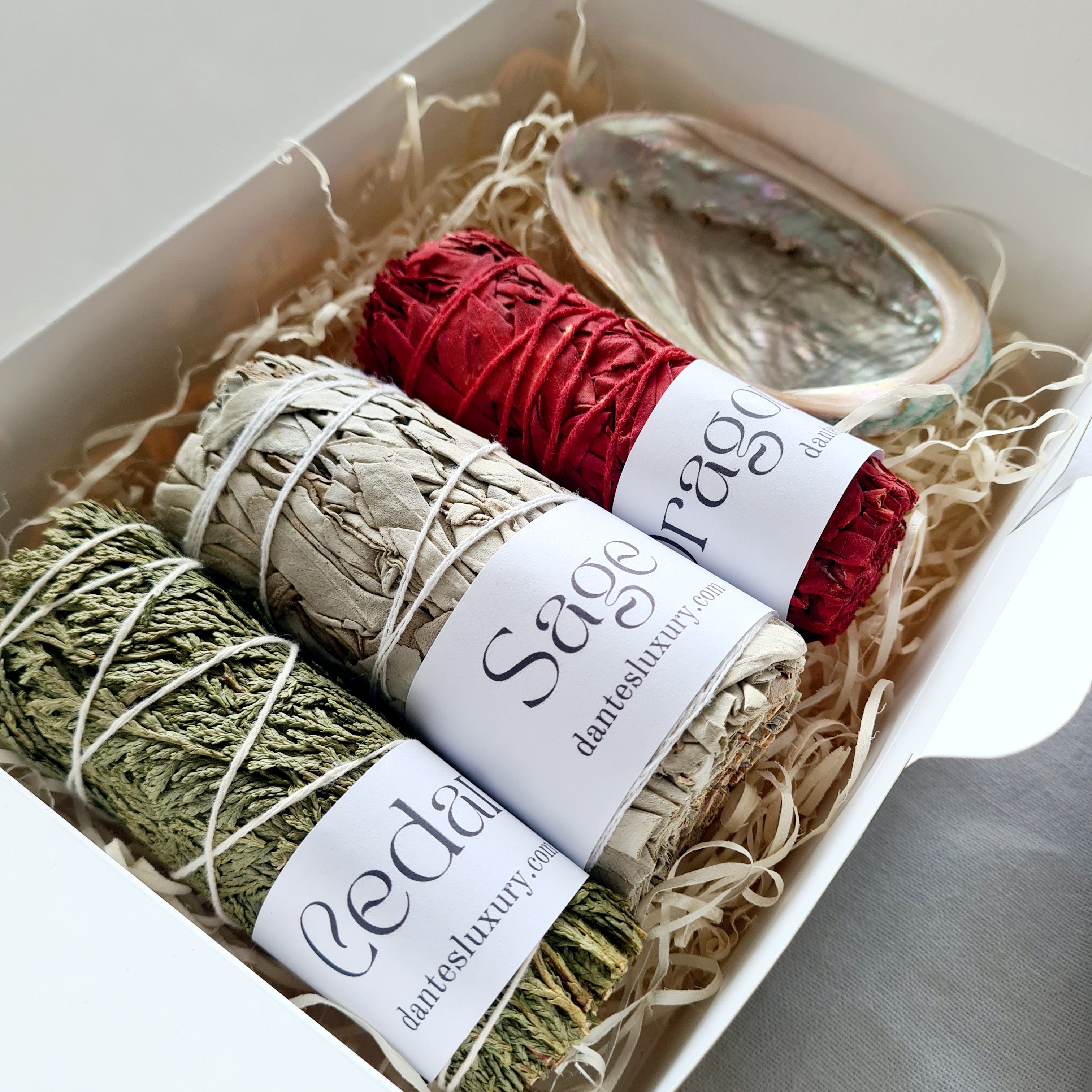 Spiritual Smudging Bundle with Abalone Shell, Sage, Cedar & Dragon’s Blood Smudge Stick