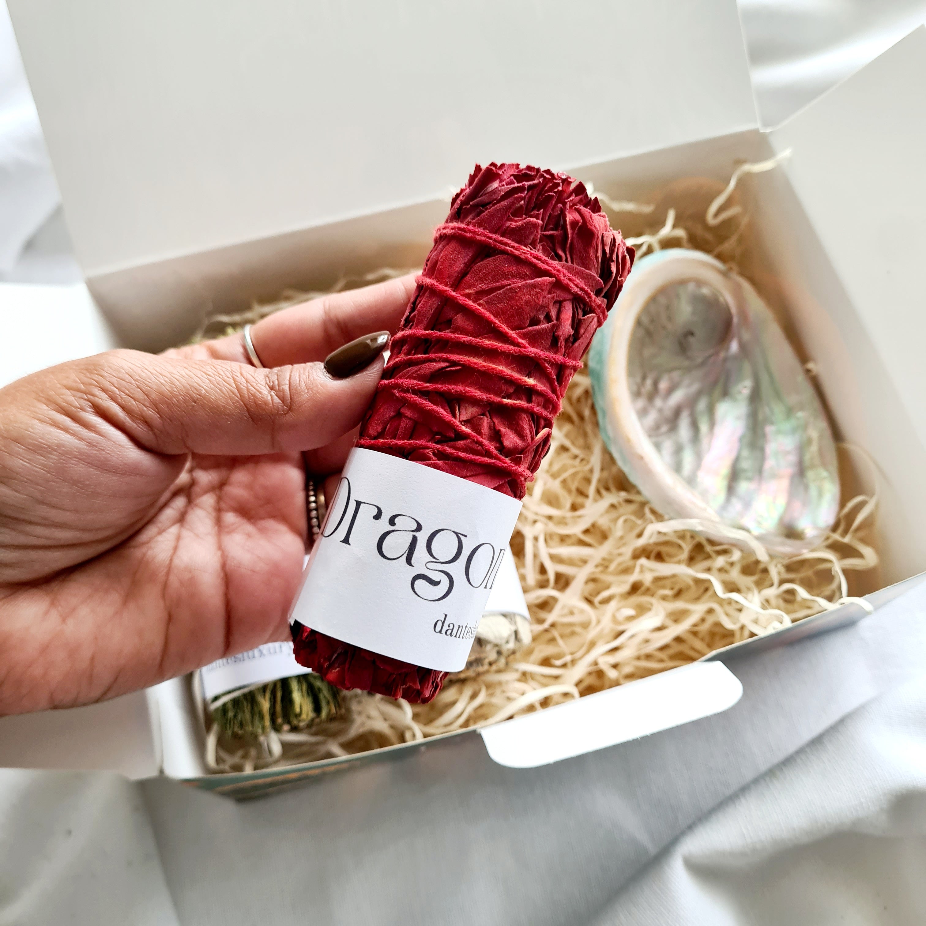 Spiritual Smudging Bundle with Abalone Shell, Sage, Cedar & Dragon’s Blood Smudge Stick