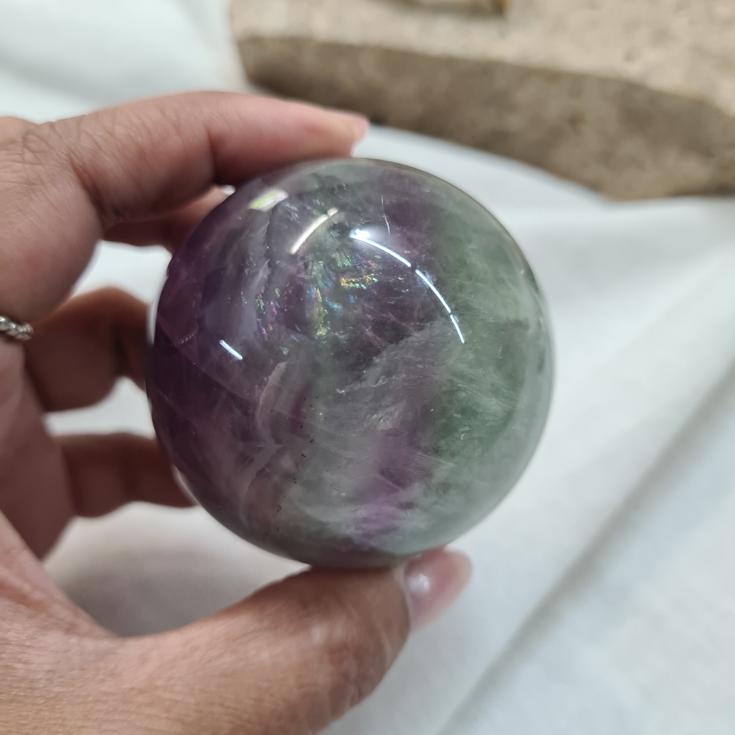 Green & Purple Fluorite Sphere with brass stand | 264 g