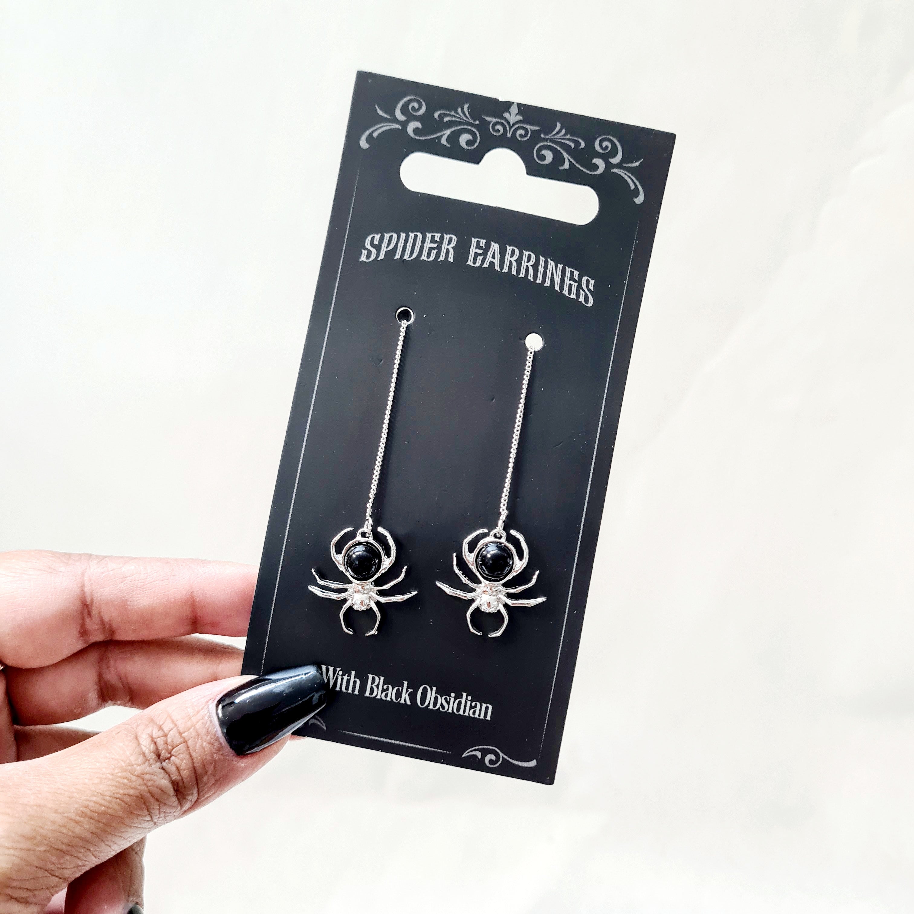 Spider Stainless Steel Threader Earrings With Black Obsidian