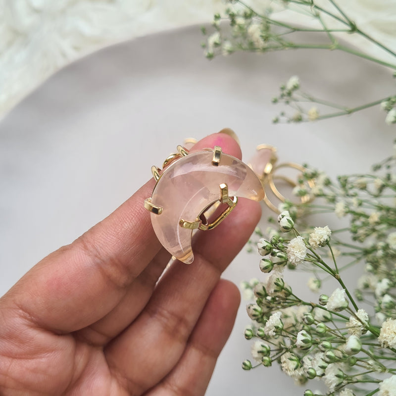 Rose quartz Moon Ring ~ Adjustable Gold plated