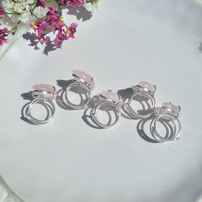 Rose quartz Moon Ring ~ Adjustable Silver plated