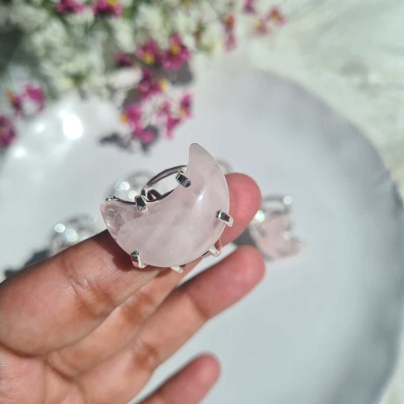 Rose quartz Moon Ring ~ Adjustable Silver plated