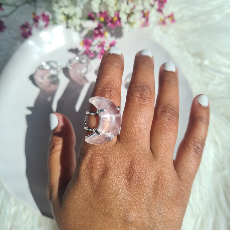 Rose quartz Moon Ring ~ Adjustable Silver plated