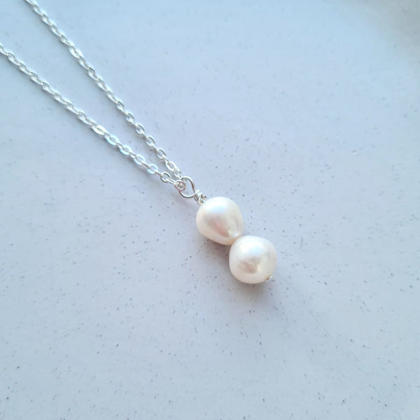 Double Pearl Droplet Necklace ~ Silver wire 1pc