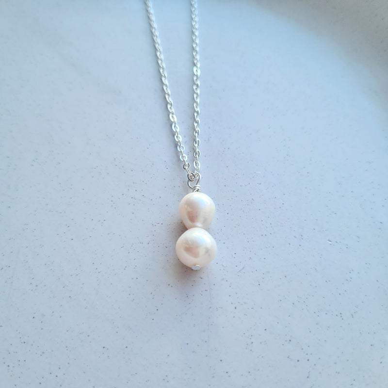 Double Pearl Droplet Necklace ~ Silver wire 1pc