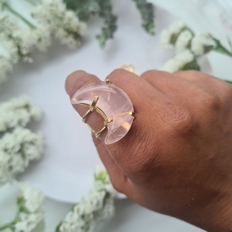 Rose quartz Moon Ring ~ Adjustable Gold plated
