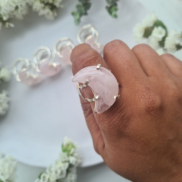 Rose quartz Moon Ring ~ Adjustable Silver plated