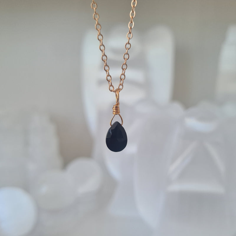 Black Onyx Droplet Necklace ~ Faceted Gold