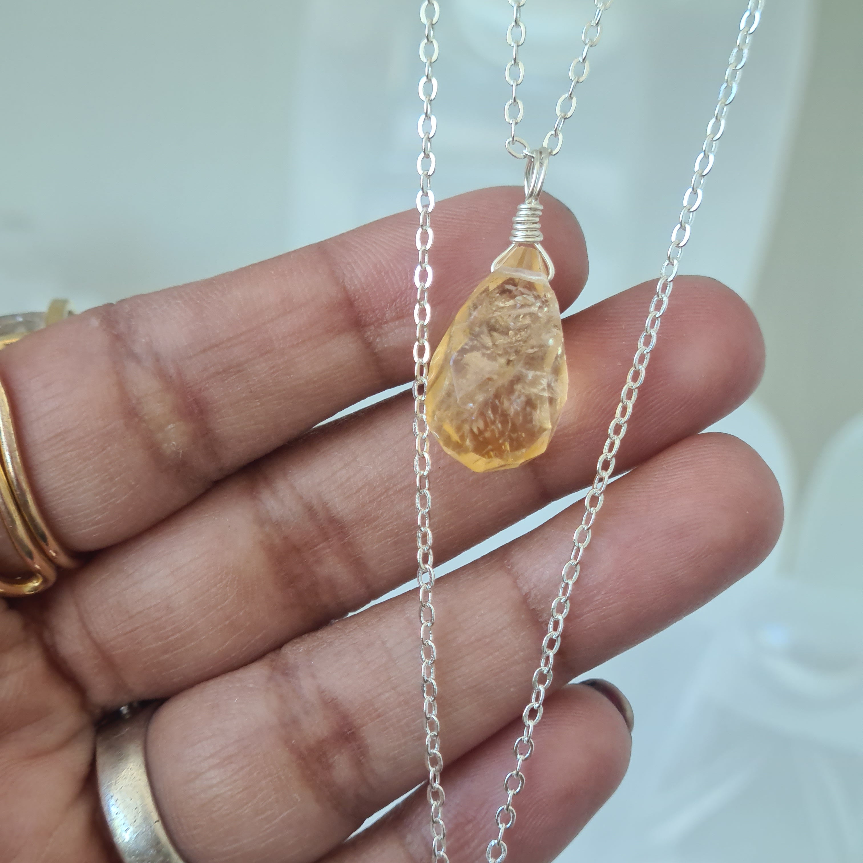 Citrine Necklace Large drop - Goodluck, Happiness & Success (Silver)