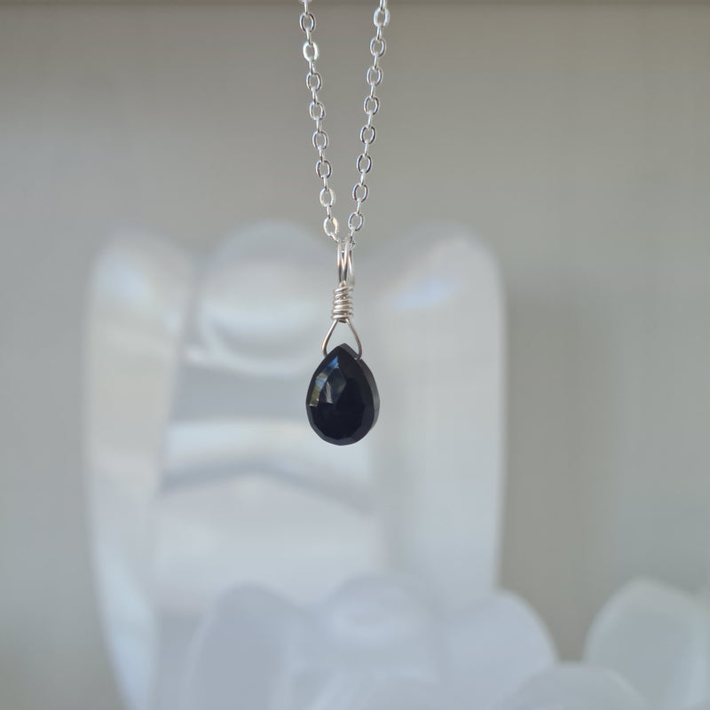Black Onyx Droplet Necklace ~ Faceted Silver